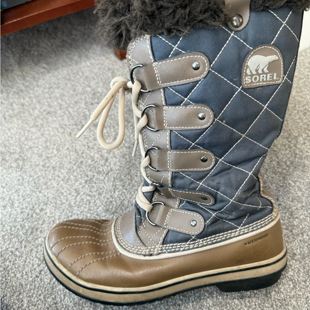 Sorel Tofino Waterproof Winter Boots Fauz‎ Fur Size 7 Blue Beige Quilted